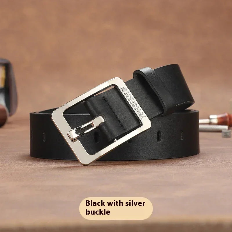 Black leather belt with a square silver metal buckle, modern streetwear accessory