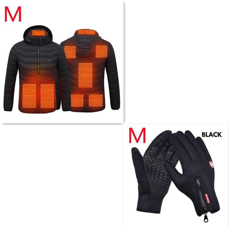 Black heated puffer jacket with hood and matching black thermal gloves, both in medium size.