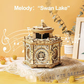 Intricate wooden music box with ornate engravings, playing Swan Lake melody, on lace cloth.