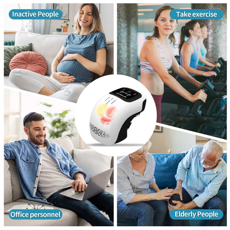 White knee massager device for joint pain relief shown with inactive people, athletes, office workers, and elderly using it.