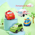 Colorful toy vehicles including a red car, green SUV, blue train, and white airplane with cartoon faces on a pastel display.