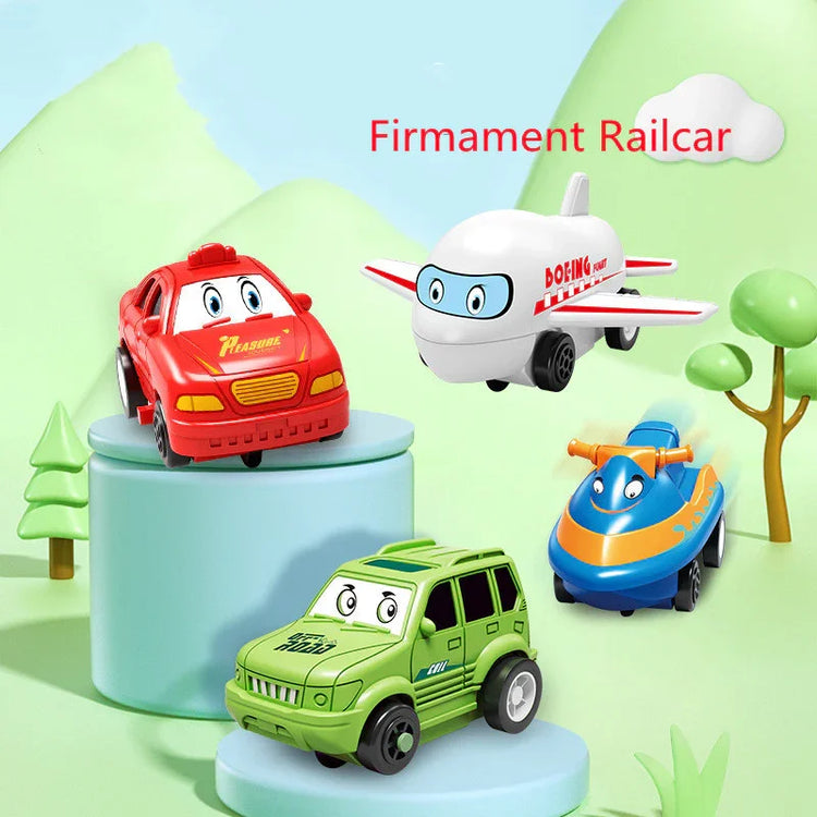 Colorful toy vehicles including a red car, green SUV, blue train, and white airplane with cartoon faces on a pastel display.