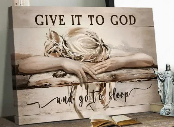 Canvas wall art with woman in neutral-toned clothing resting, inspirational quote, home decor