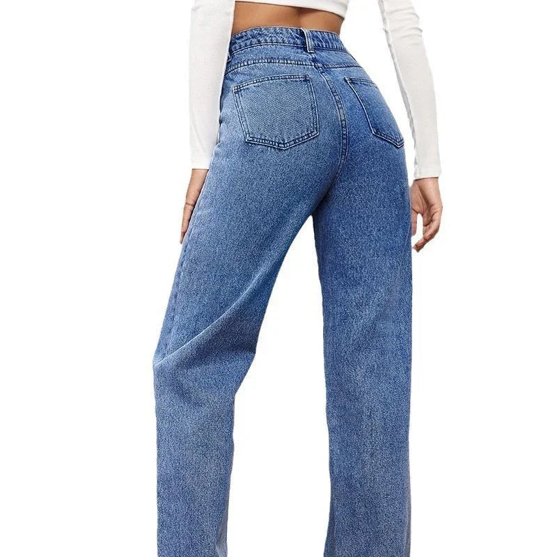 High-waisted straight leg blue denim jeans, relaxed fit, casual streetwear style