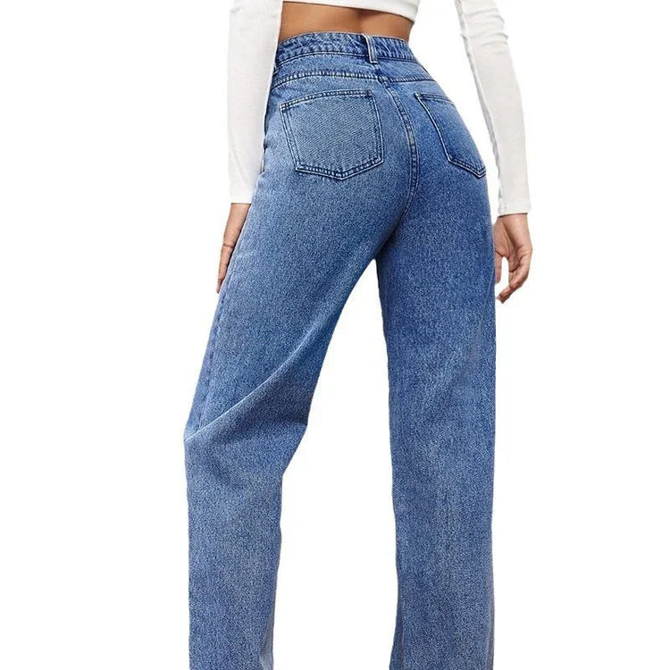 High-waisted straight leg blue denim jeans, relaxed fit, casual streetwear style