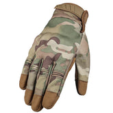 Camouflage pattern tactical glove with reinforced fingertips and adjustable wrist strap.