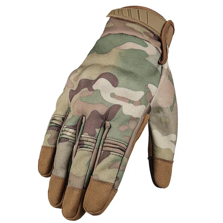 Camouflage pattern tactical glove with reinforced fingertips and adjustable wrist strap.