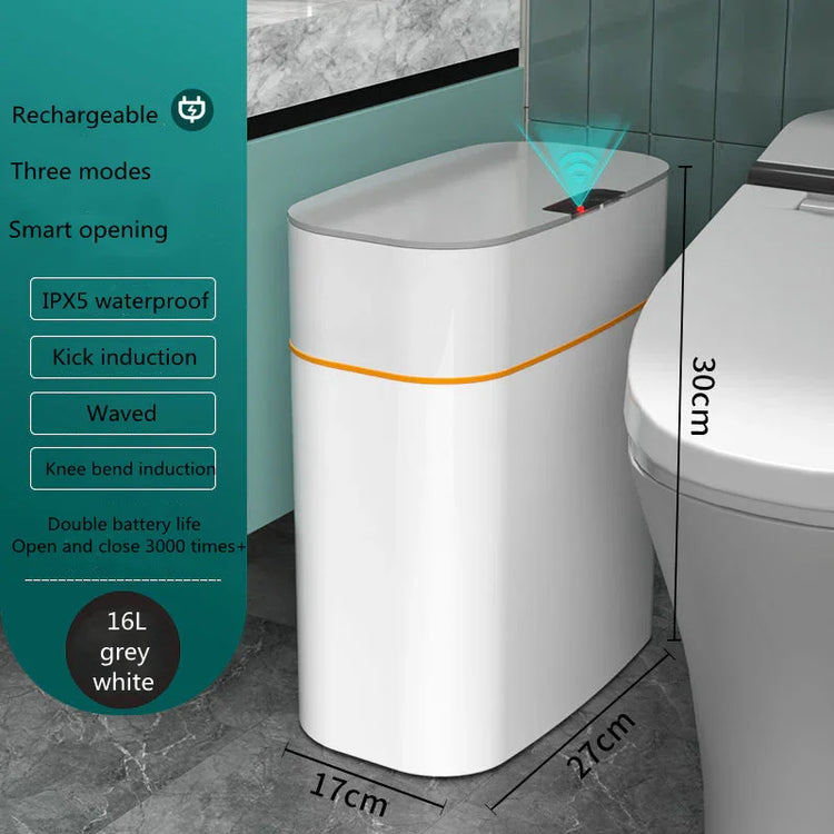 Slim white and grey smart trash bin with sensor opening, waterproof, 16L, in modern bathroom
