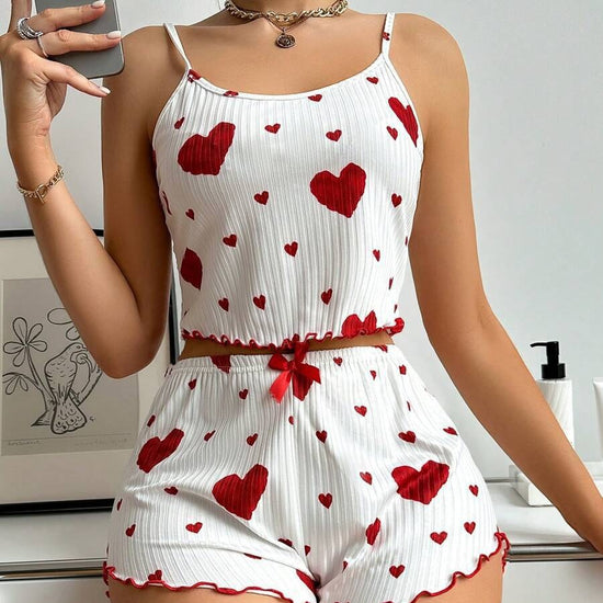 Heart Print Suspender Shorts Pajama Set - Women&