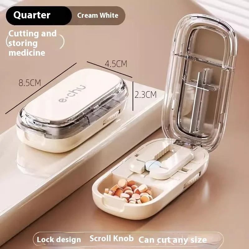 Cream white portable pill cutter and storage case with transparent lid, compact size, modern design