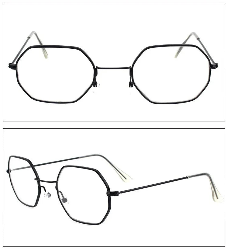 Geometric black metal frame eyeglasses with octagonal lenses and slim arms