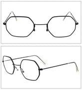 Geometric black metal frame eyeglasses with octagonal lenses and slim arms
