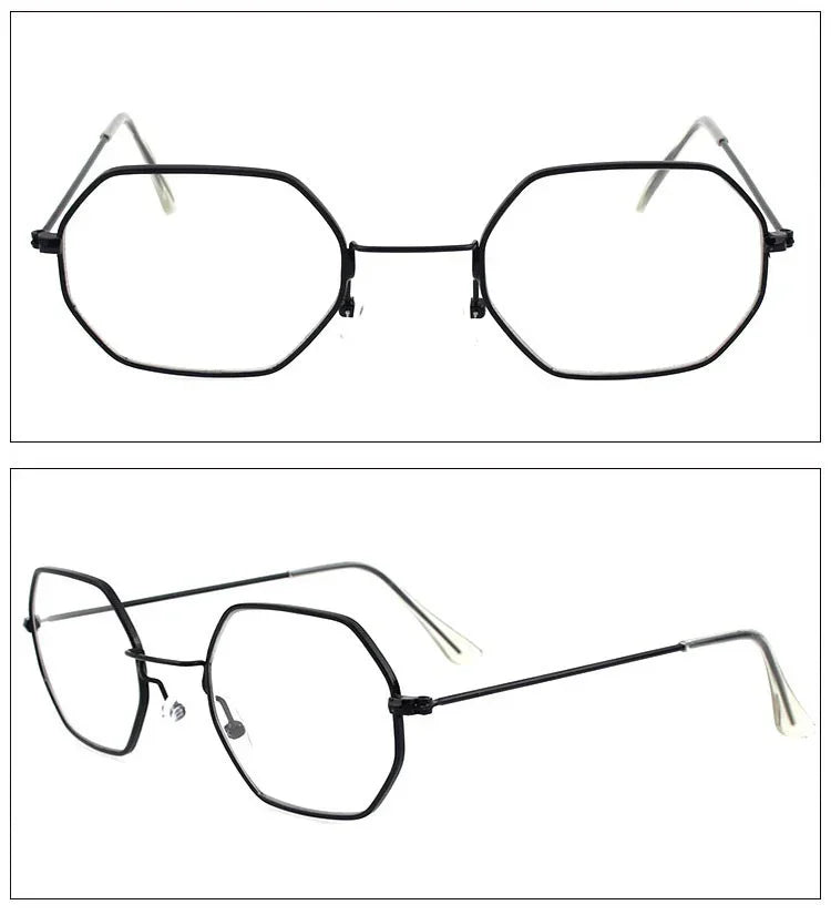Geometric black metal frame eyeglasses with octagonal lenses and slim arms