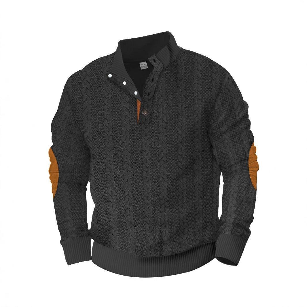 Black cable knit pullover with brown elbow patches, textured material, relaxed fit, button collar.