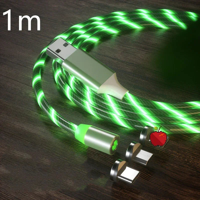 Green LED light-up magnetic charging cable with USB and interchangeable tips, 1 meter length