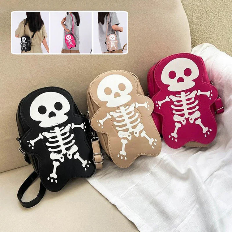 Skeleton shaped crossbody bags in black, beige, and pink faux leather, novelty streetwear style