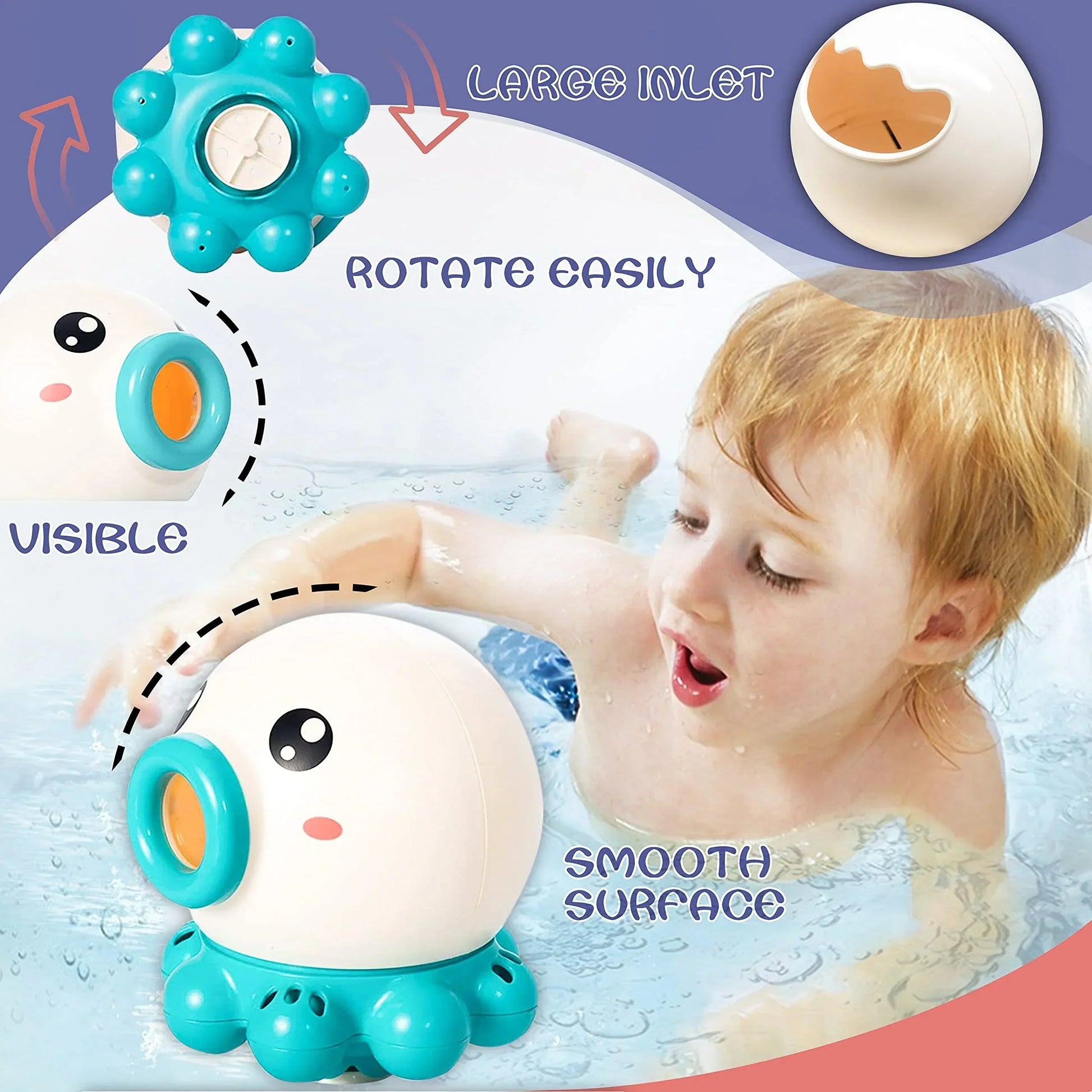 Child playing in a bathtub with a blue and white octopus-shaped bath toy, smooth surface visible.
