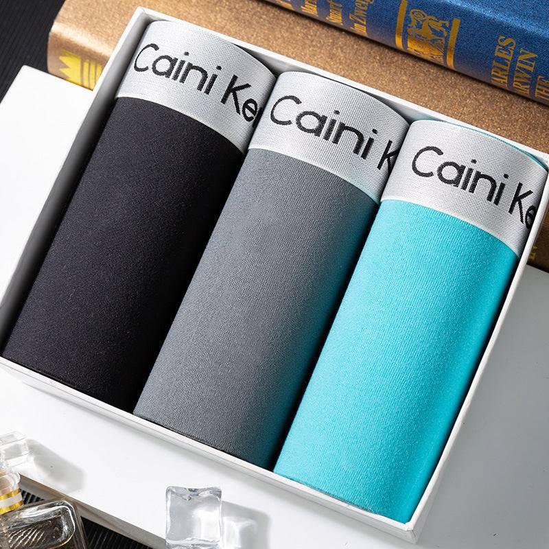Box of men's underwear in black, gray, and teal, cotton fabric, modern slim fit style
