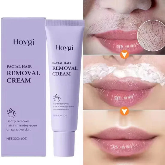 Facial hair removal cream in a lavender tube, before and after upper lip hair removal results.