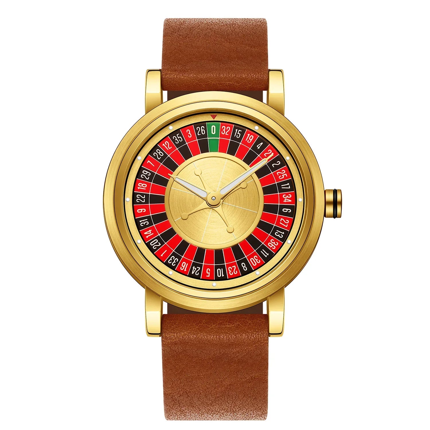 Gold case watch with roulette-inspired dial and brown leather strap, modern fit