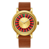 Gold case watch with roulette-inspired dial and brown leather strap, modern fit