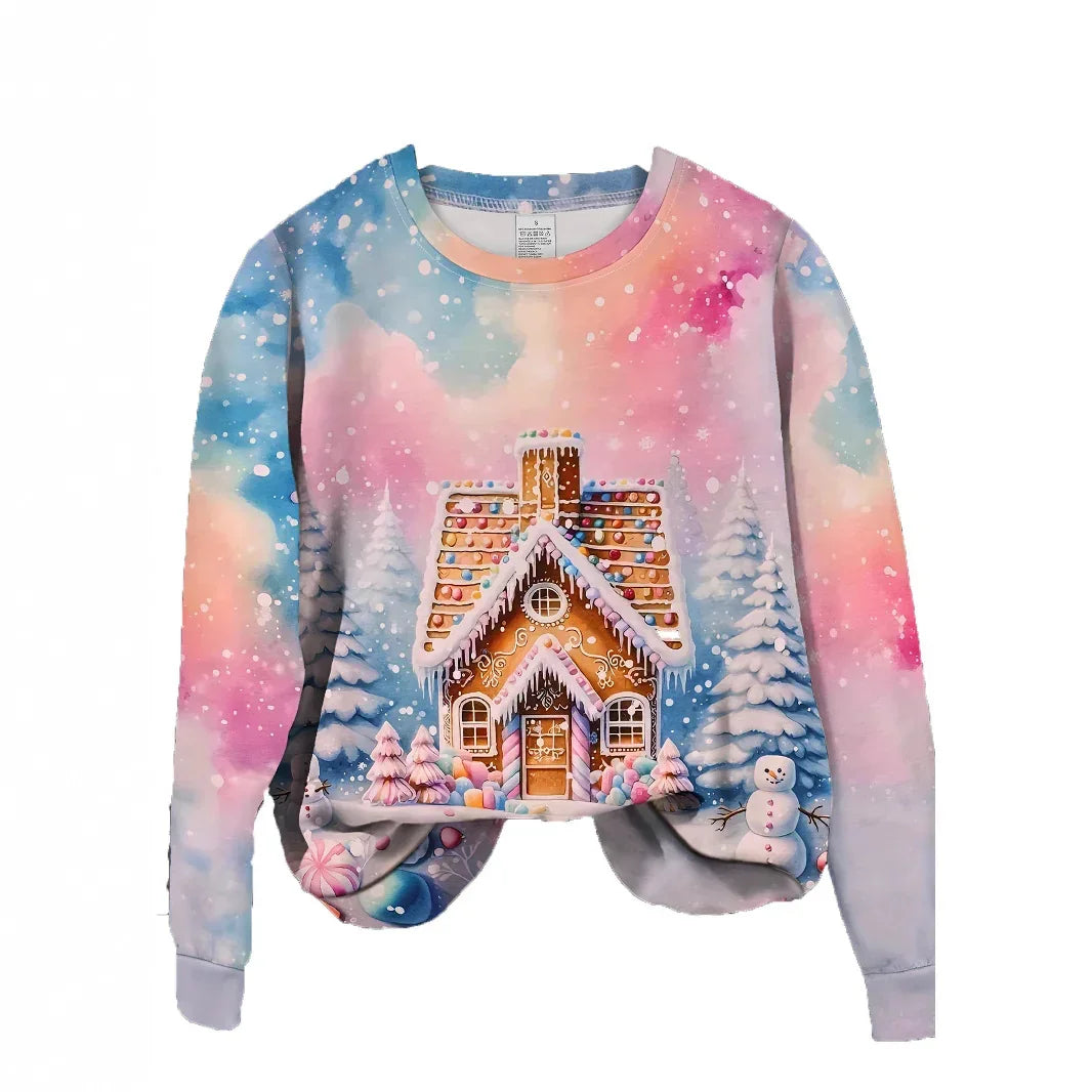Colorful winter sweatshirt with gingerbread house print, pastel colors, relaxed fit