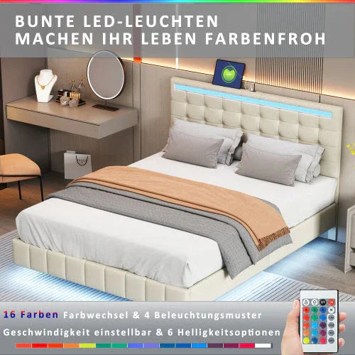 Modern bedroom with beige upholstered bed frame, LED headboard, and layered neutral blankets.