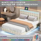 Modern bedroom with beige upholstered bed frame, LED headboard, and layered neutral blankets.