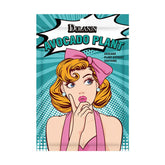 Pop art style packaging with retro woman illustration, blue background, pink bow and dress