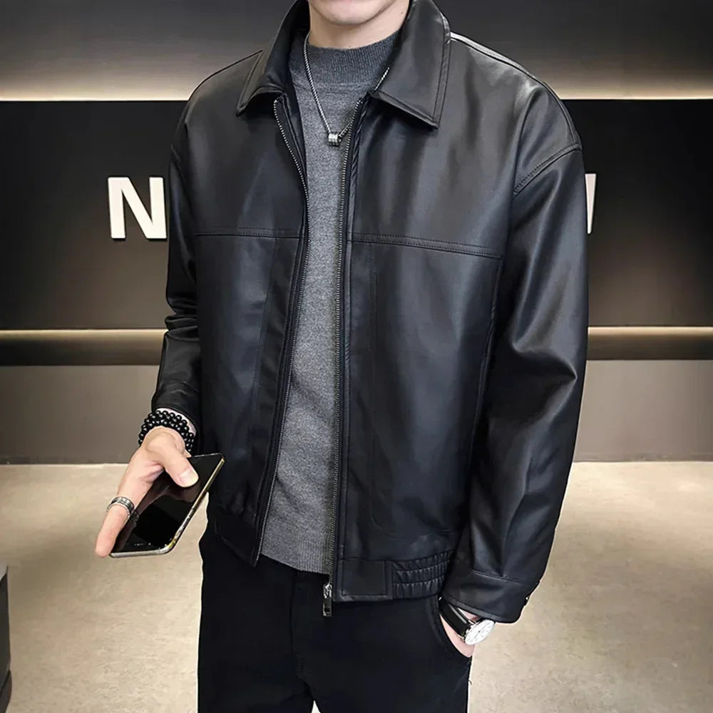 Men's black faux leather jacket with classic collar, zip front, relaxed fit, streetwear style