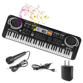 Black 61-key electronic keyboard with built-in speakers, microphone, cables, and power adapter