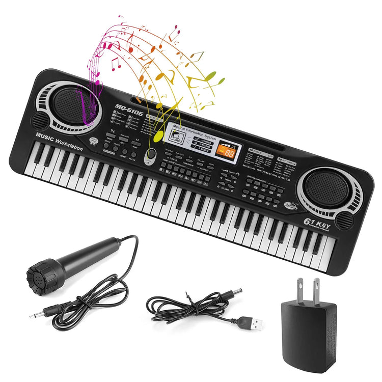 Black 61-key electronic keyboard with built-in speakers, microphone, cables, and power adapter