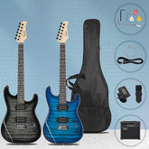 Two electric guitars, one black and one blue, with gig bag, amp, and accessories set.
