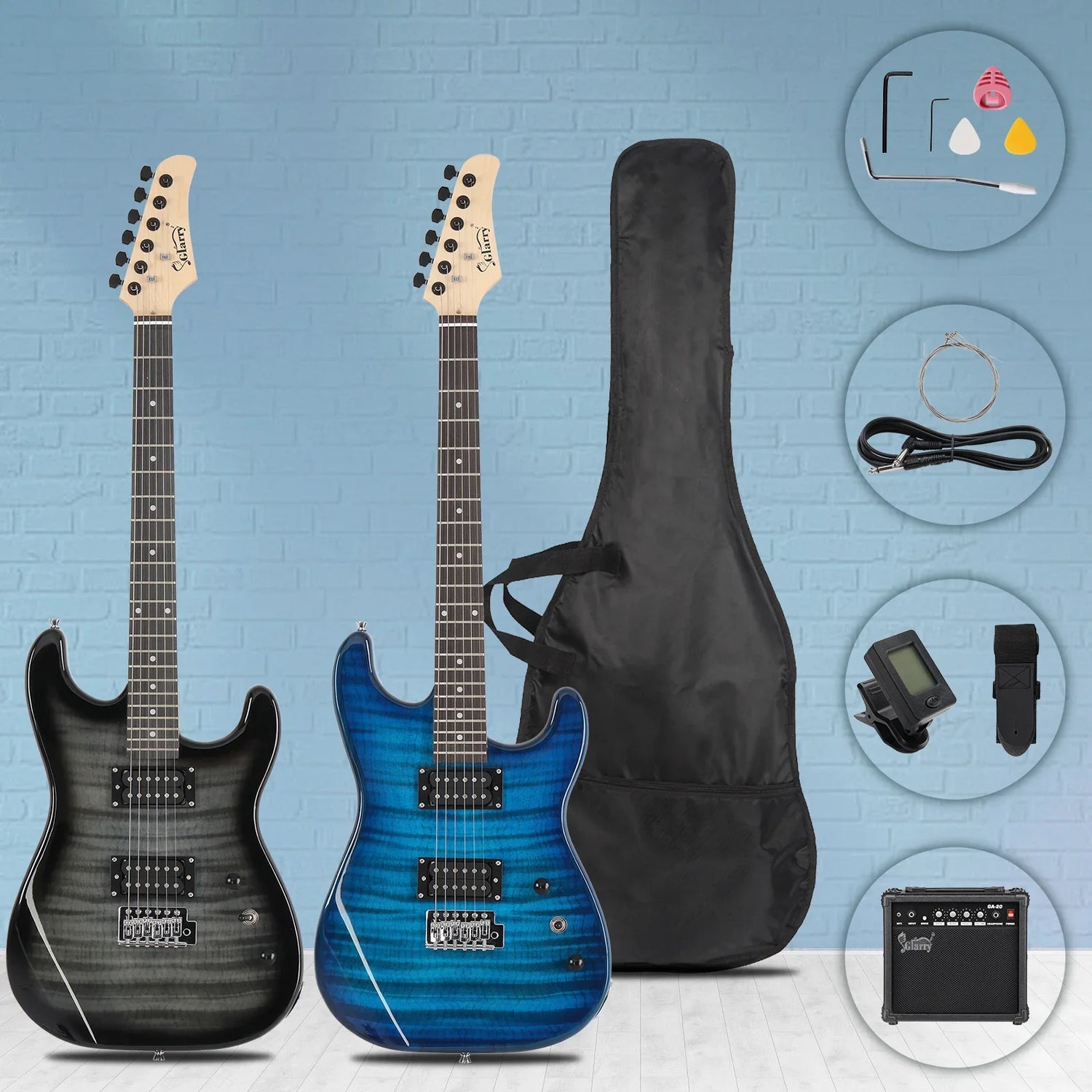 Black and blue electric guitars with flamed finish, gig bag, amp, cable, picks, and tuner on light blue background.