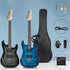 Black and blue electric guitars with flamed finish, gig bag, amp, cable, picks, and tuner on light blue background.