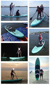 Various people paddleboarding in fitted water-resistant streetwear and life vests, riding turquoise stand-up paddle boards on calm water and sandy beaches.
