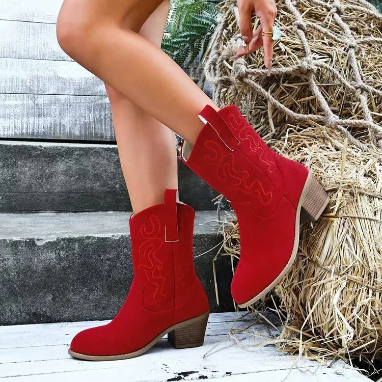 Red suede mid-calf western boots with chunky wooden heels and decorative stitching