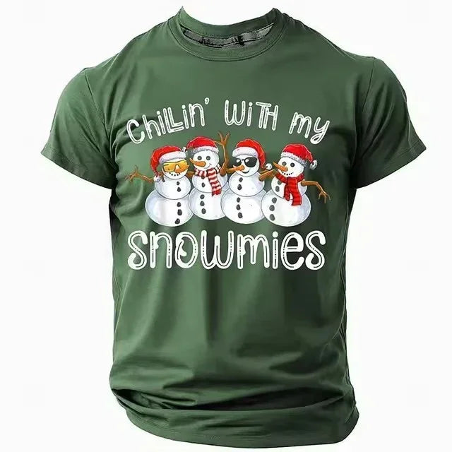 Green unisex t-shirt with relaxed fit, cartoon snowmen, festive print, and holiday slogan