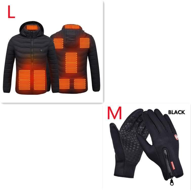 Black heated puffer jacket with hood and orange heating zones, paired with black insulated gloves