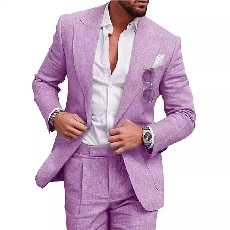 Man wearing slim fit lilac suit with white dress shirt, pocket square, linen material