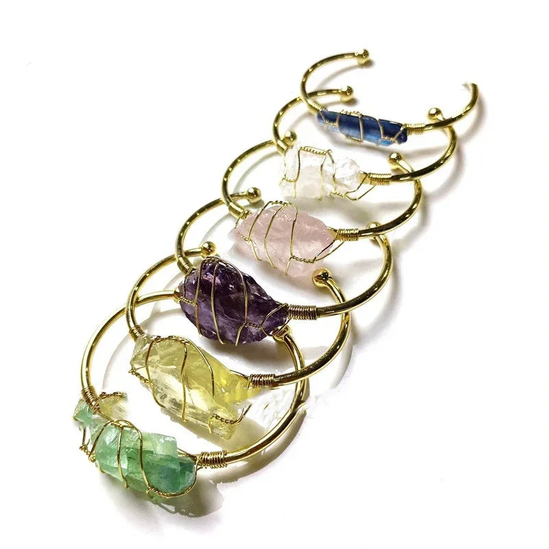 Gold wire cuff bracelets with raw crystal stones in assorted colors, modern streetwear jewelry