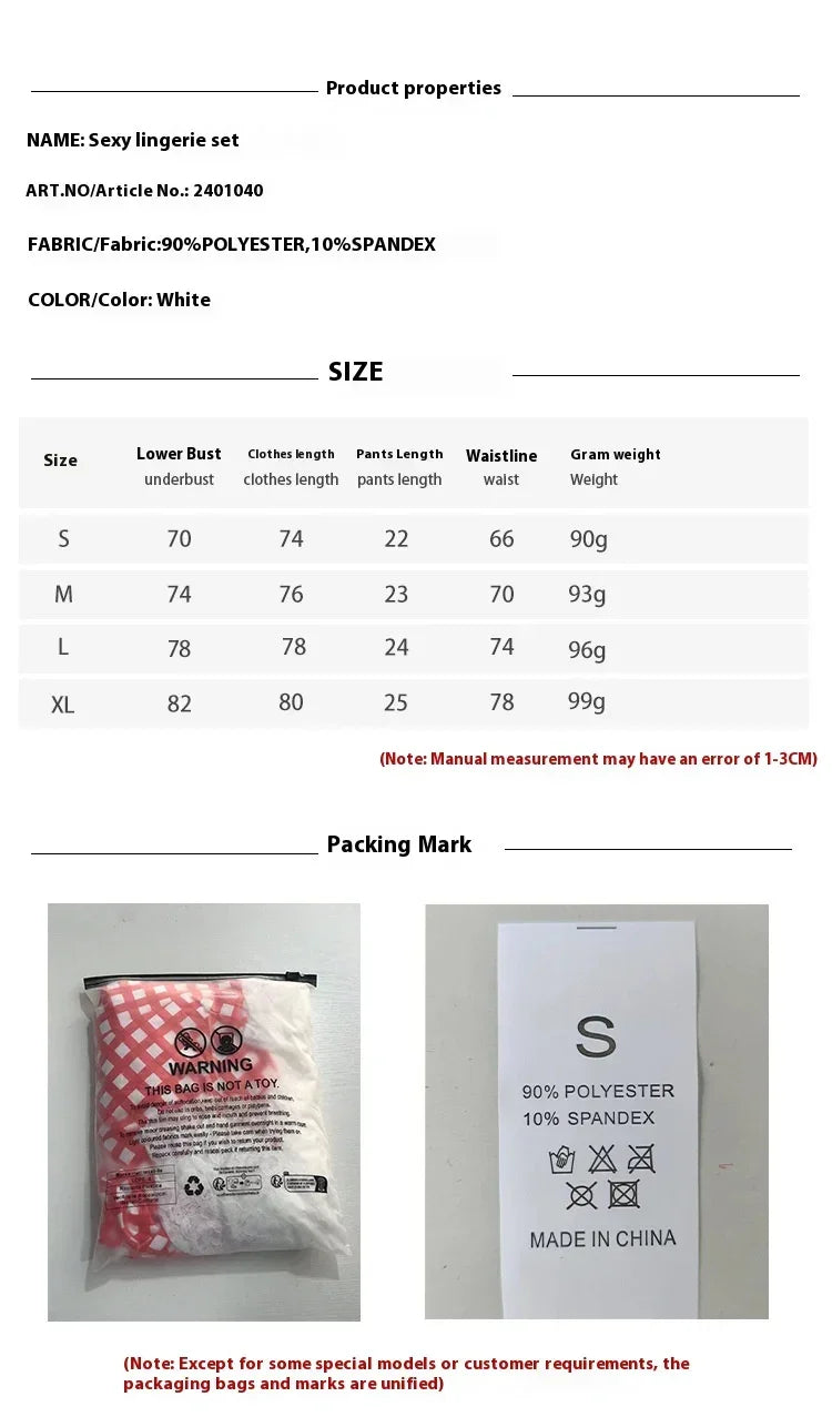 White lingerie set made of 90% polyester and 10% spandex, size chart included, snug fit