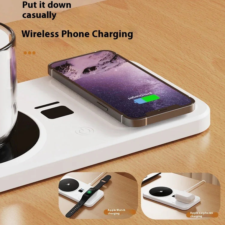 Modern wireless charging station with smartphone, smartwatch, and earbuds on a wooden desk