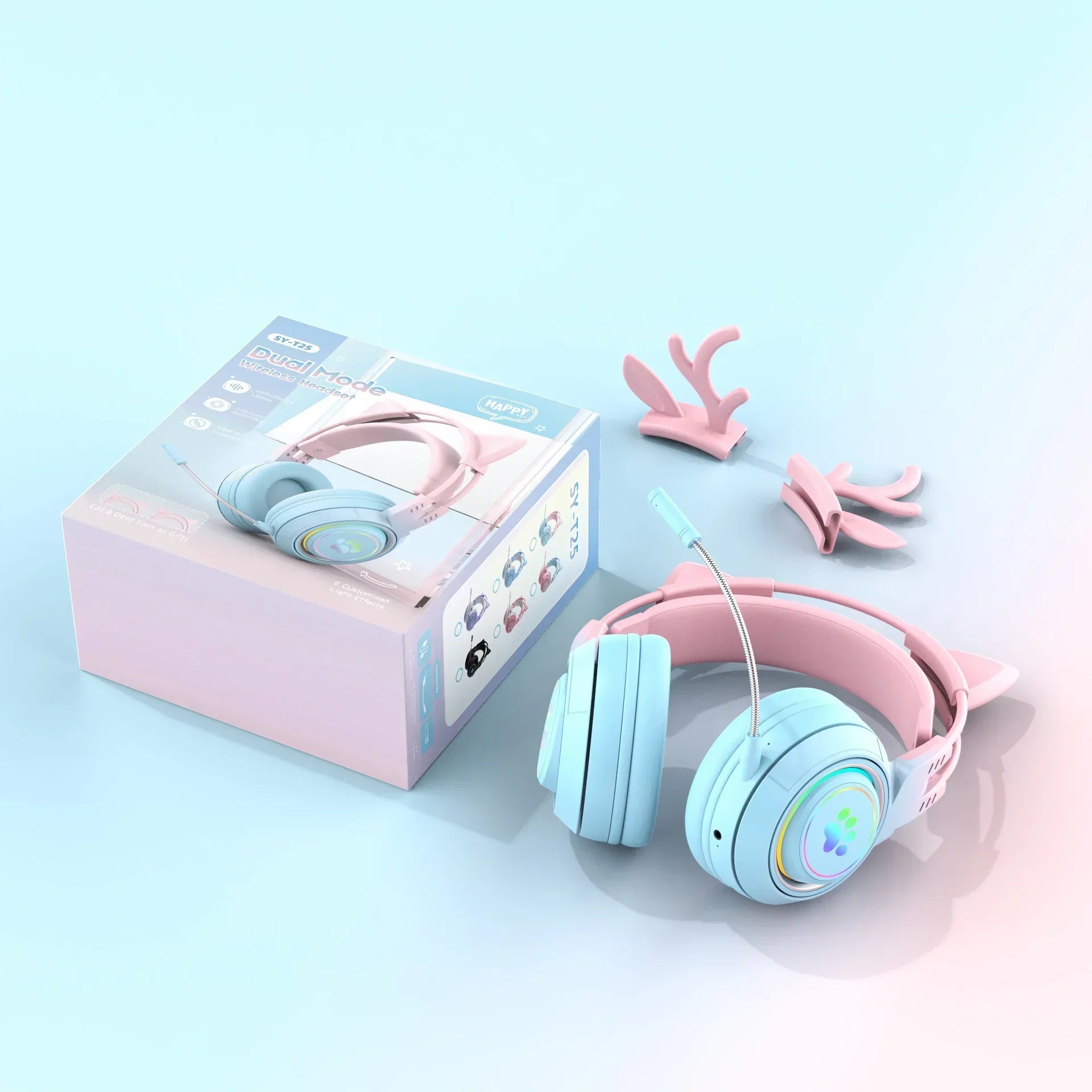 Pastel blue and pink over-ear headphones with detachable cat ear accents and built-in microphone