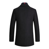 Back view of a black wool blend long-sleeve blazer with slim fit and buttoned cuffs