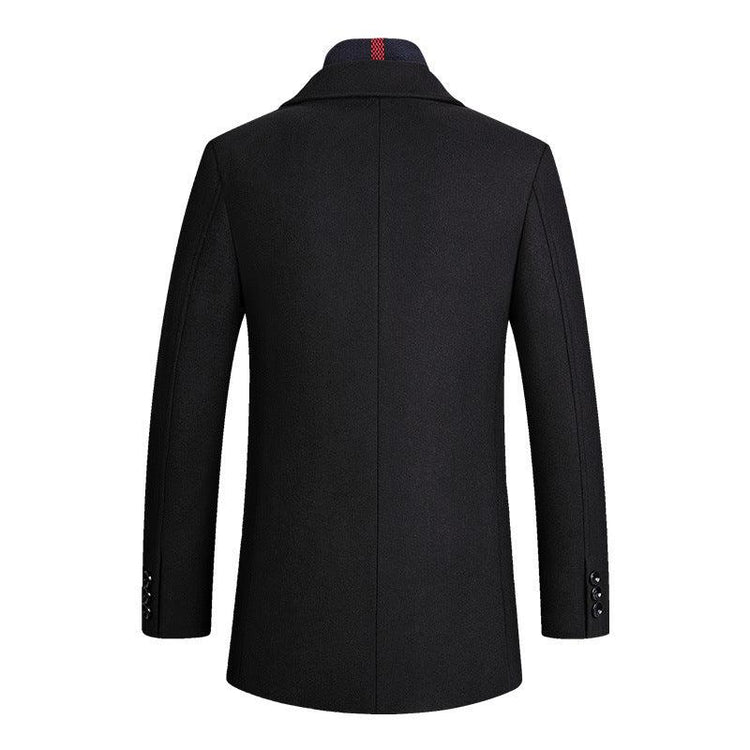 Back view of a black wool blend long-sleeve blazer with slim fit and buttoned cuffs