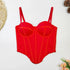 Red structured corset bodysuit with spaghetti straps and defined seams, laid flat.