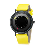 Modern black watch with matte yellow leather strap and minimalist round dial design