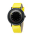Modern black watch with matte yellow leather strap and minimalist round dial design