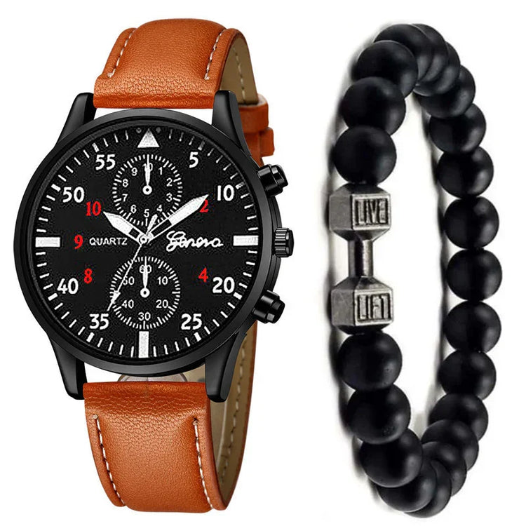 Black dial chronograph watch with brown leather band and black bead bracelet set